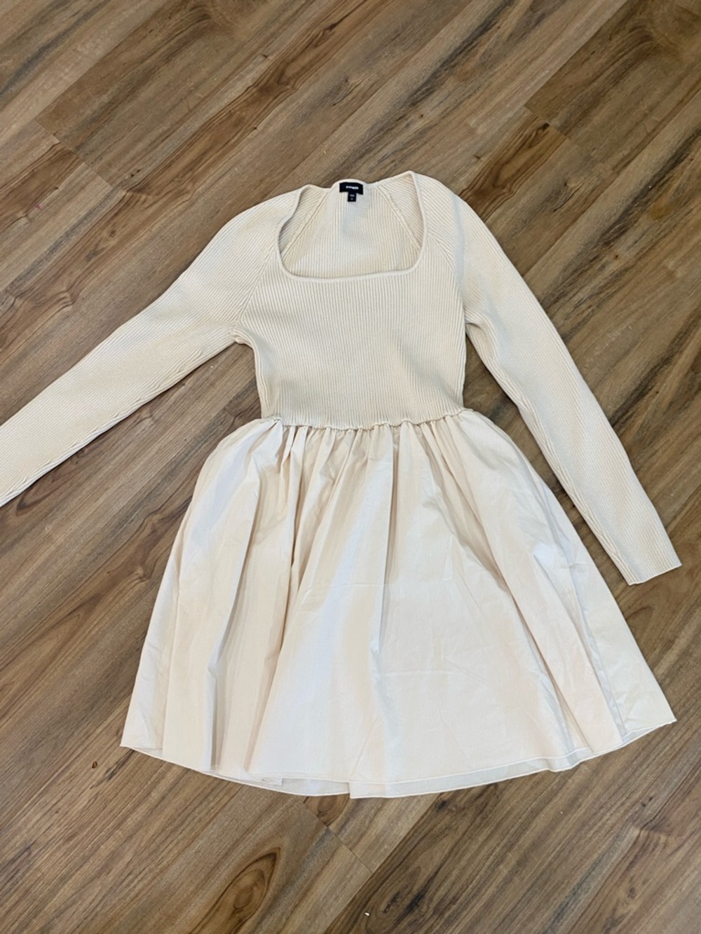 Express women’s Cream Long-Sleeve Knit Bodice Dress